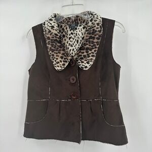 Lisa International Womens PM Vest Y2K Leopard Collar Faux Shearling Boho Retro